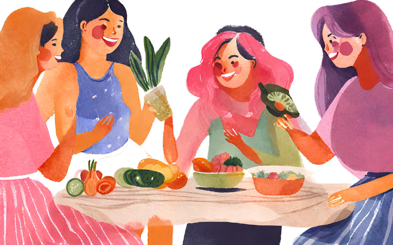 A group of millennial women enjoying a variety of colorful healthy foods.
