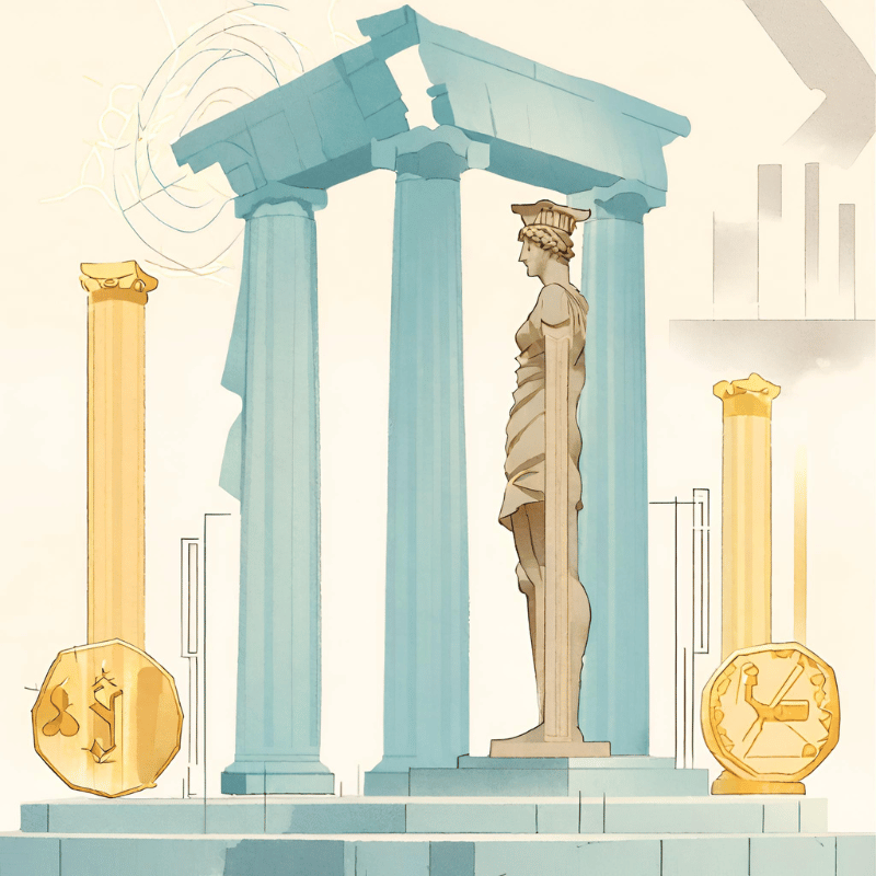 An ancient Greek column juxtaposed with modern digital graphs, symbolizing the fusion of Stoicism and crypto investment.