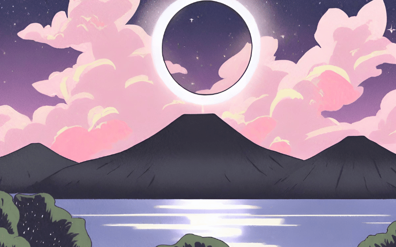 A serene landscape under the total solar eclipse, symbolizing Stoic equilibrium and reflection.